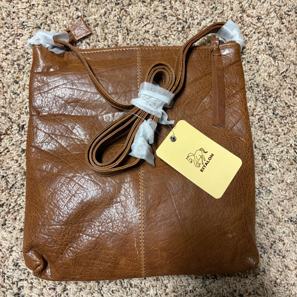 ESTALON Brown Faux Leather Crossbody‎ Bag with Multiple Zipper Pockets